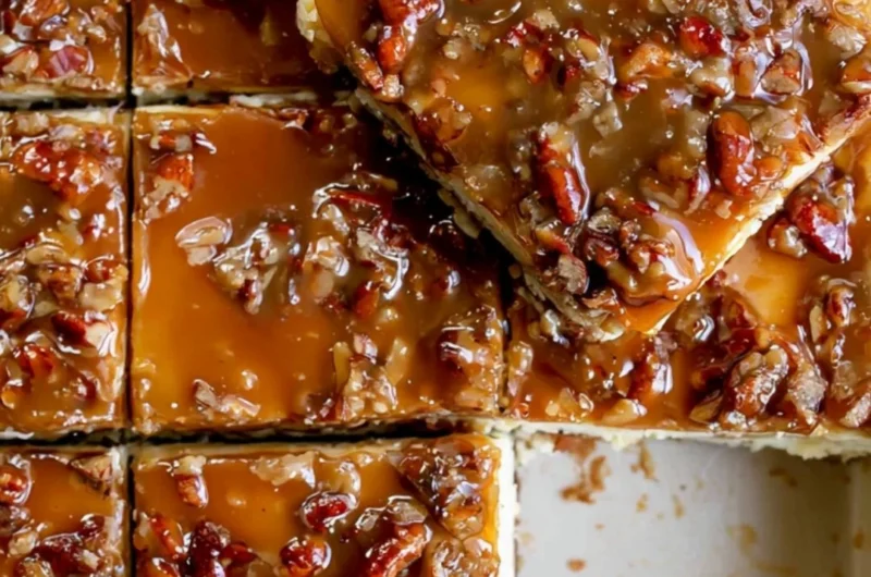Pecan pie cheesecake bars topped with caramel and pecans on a wooden table
