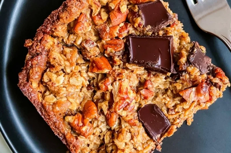 Protein baked oatmeal with chocolate chunks served in a bowl