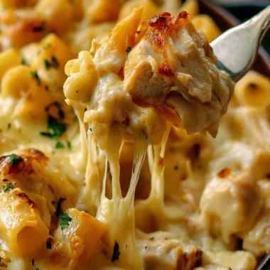 Baked garlic parmesan pasta dish topped with crispy cheese and herbs