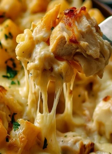 Baked garlic parmesan pasta dish topped with crispy cheese and herbs