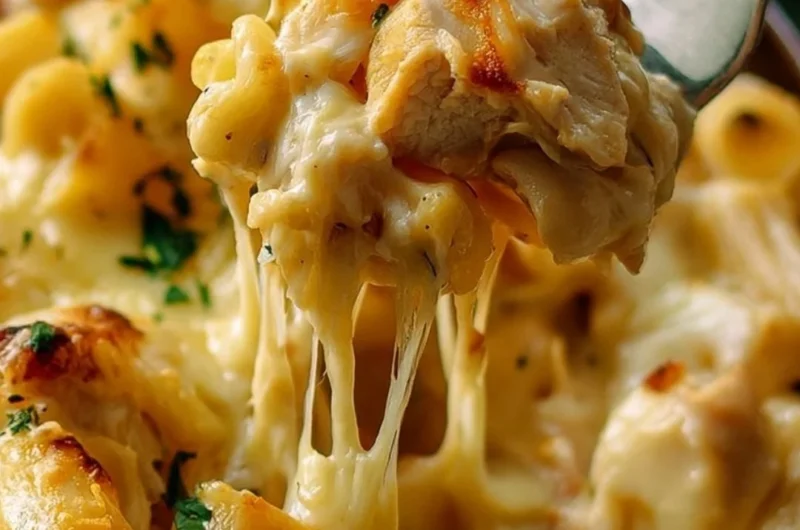 Baked garlic parmesan pasta dish topped with crispy cheese and herbs