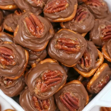 Delicious Rolo Pretzel Bites with caramel and chocolate on pretzels
