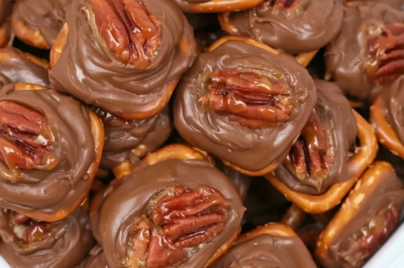 Delicious Rolo Pretzel Bites with caramel and chocolate on pretzels