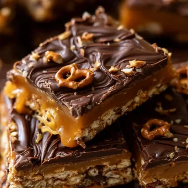 Delicious salted caramel squares with pretzel topping and chocolate layer