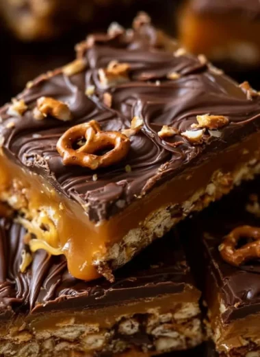 Delicious salted caramel squares with pretzel topping and chocolate layer