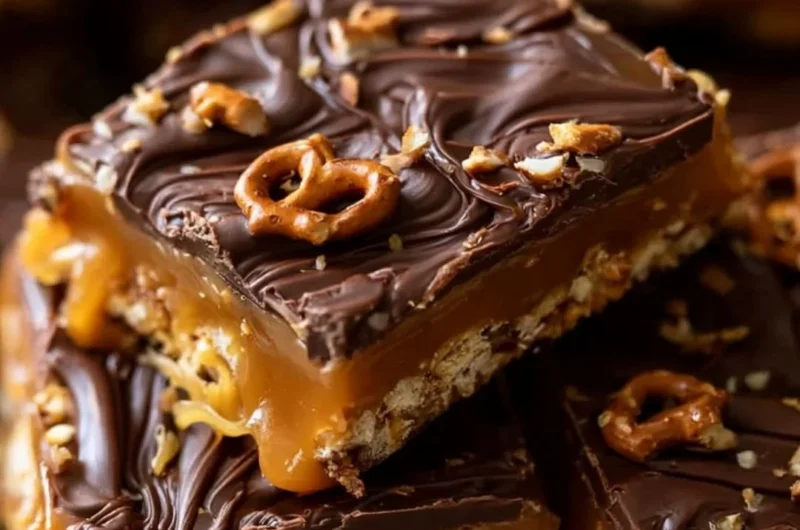 Delicious salted caramel squares with pretzel topping and chocolate layer