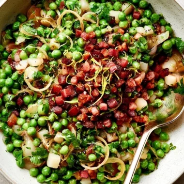 Thanksgiving peas side dish featuring vibrant green peas for the holiday meal.