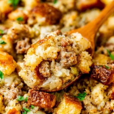 Delicious homemade sausage stuffing prepared for a festive meal