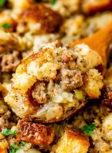 Delicious homemade sausage stuffing prepared for a festive meal