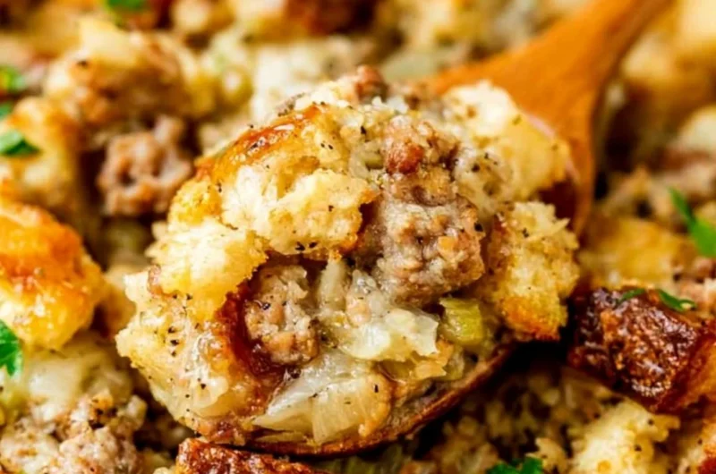 Delicious homemade sausage stuffing prepared for a festive meal