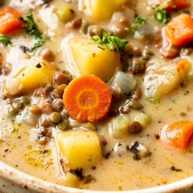 Bowl of vibrant Vegetarian Lentil Soup with fresh vegetables and herbs