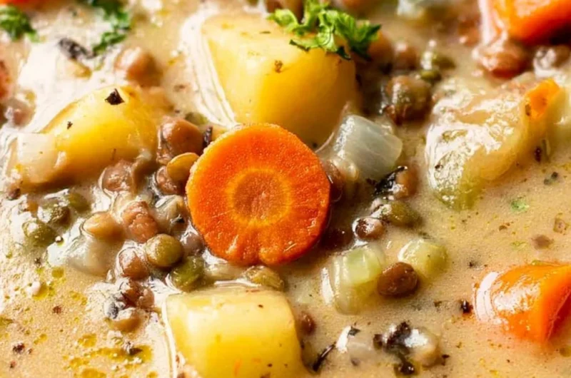 Bowl of vibrant Vegetarian Lentil Soup with fresh vegetables and herbs